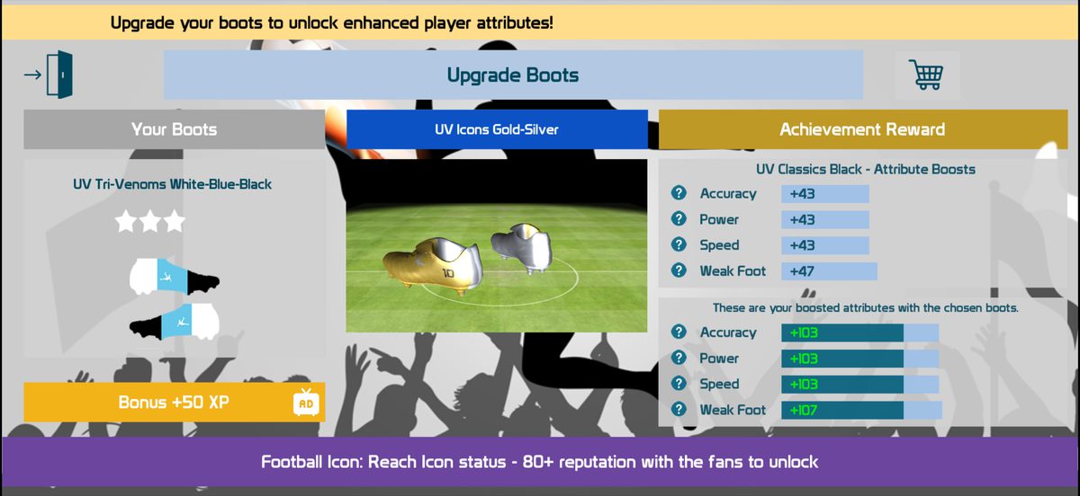 Upgrade boots screen comparing attribute boosts for two pairs of boots