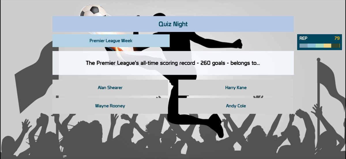 Quiz Night screen asking who holds the Premier League all-time scoring record