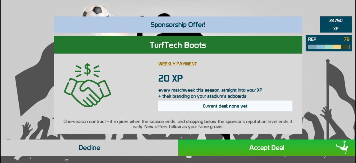 Sponsorship offer screen showing a TurfTech Boots contract worth 20 XP a matchweek